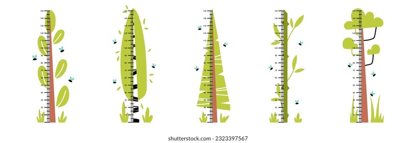 A set of rulers to measure the height of children. Cartoon flat trees.