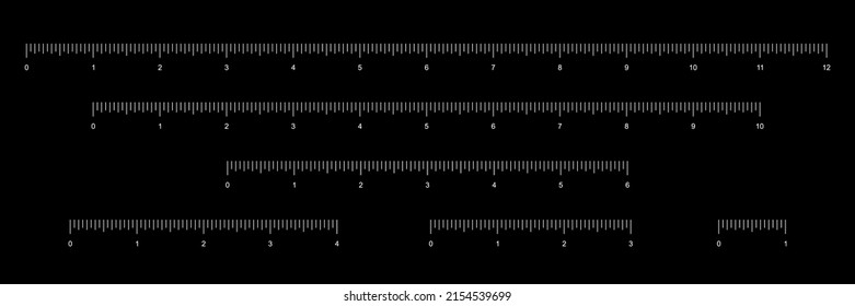 Set of rulers to measure length in inches vector illustration. Simple school instrument with English system measures scales for measurement 12, 10, 6, 4, 3, 1 inches, collection for math background