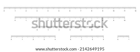 Set of rulers to measure length in inches vector illustration. Simple school instrument with English system measures scales for measurement 12, 10, 6, 4, 3, 1 inches, collection for math background