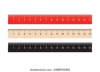 Set of rulers for measuring. Wooden, red plastic and black ruler silhouette. Collection of different measuring items. Design isolated on white background. flat vector illustration