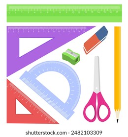 Set of rulers, pensil, eraser, scissors and pencil sharpener