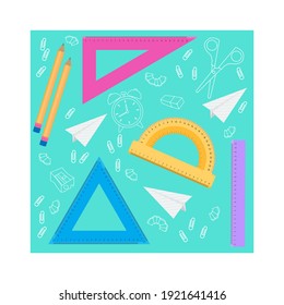 Conjunto de gobernantes y protractor, de vuelta al concepto escolar. Lápiz, papelería, términos para la escolaridad. Ilustración vectorial, objetos aislados.