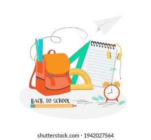 Set of rulers and protractor, back to school concept. School backpack, pencil, block note, clock, stationery items for schooling. Vector illustration, isolated objects.