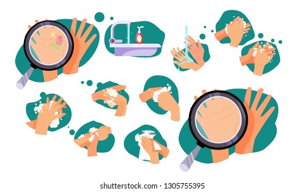 Set of rules how to wash hands. Microbes, bathroom, magnifying glass. 