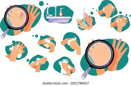 Set of rules how to wash hands. Microbes, bathroom, magnifying glass. Can be used for topics like hygiene, sanitation, cleanliness