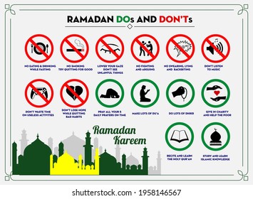 set of rules sign in ramadan or sign do and do not thing in ramadan or restricted during month ramadan etiquette tips or ramadan kareem concept. eps 10 vector