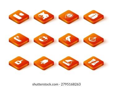 Set Rum bottle, Ship bell, Cargo ship, Lifebuoy, Yacht sailboat, Bird seagull, Flippers for swimming and Anchor icon. Vector