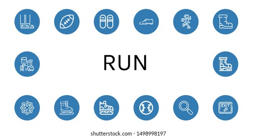 Set of run icons such as Sneaker, Rugby, Sneakers, Shoes, Ice skate, Rune, Ice skating, Baseball, Active, Exit, Football player , run