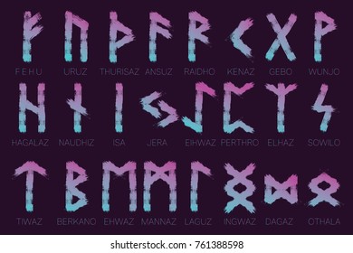 Set Rune Scandinavia are riches vector illustration. Symbol of Futhark letters. Brush stripes with trend gradient blue pink color on blur dark background. Magic and mystery sign. Spiritual