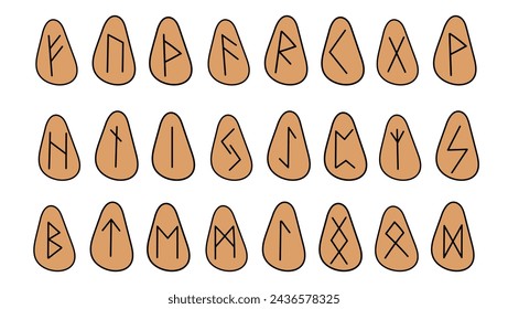 Set of runes. Collection of hand drawn doodle of runic old Norse Scandinavia symbols on stone. Vector flat illustration of Celtic glyphs. Icons for website, book, game design.