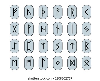 Satz Runen. Vollständige Sammlung des Runenalphabets, Futhark. Schreibt alte Deutsche. Mystische Vektorsymbole. 
Esoterische, okkulte, magische Illustration für Tattoos.
