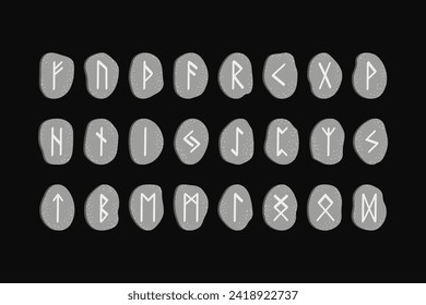 Set of runes stones. Runic alphabet, the Elder Futhark. Germanic ancient writing. Fortune telling, predicting, divination. Hand drawn illustration of nordic symbols