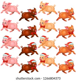 The set runing playful cheerful little pink, red, yellow and brown pig stand with Santa Claus cap and bow. A cartoon vector illustration isolated on white.