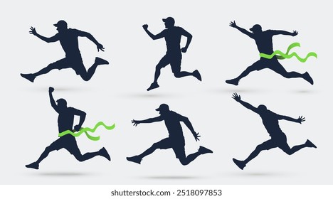 Set of runner icons. Vector running people black silhouette. Winner with finishing tape. Active sport logo collection. Isolated run competition Illustration. Running man took first place illustration.