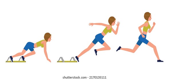 Set of Runner woman character vector design. Presentation in various action with emotions, running, standing and walking.