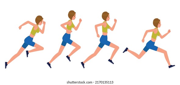 Set of Runner woman character vector design. Presentation in various action with emotions, running, standing and walking.