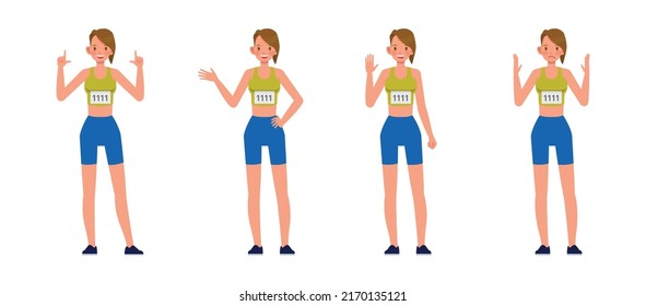 Set of Runner woman character vector design. Presentation in various action with emotions, running, standing and walking.
