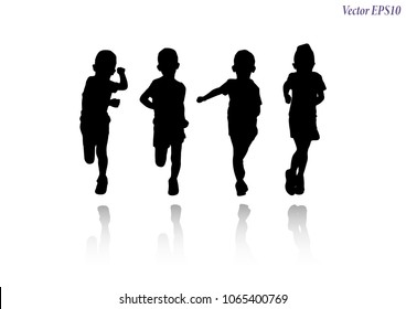 Set of runners collection. Silhouette and shadows of athletic little girl in sportswear running or jogging. Isolated on white background. Vector EPS10.