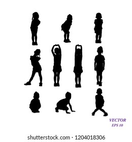 Set of runners collection in ten different pose and gesture. Full body of child in sportswear stretching exercises. Silhouette of girl practicing fitness. Isolated on white background. Vector EPS10.