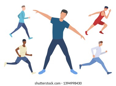 Set of runners exercises. Men exercising, warming up, walking and running. Sport concept. Vector illustration can be used for topics like jogging or cardio workout