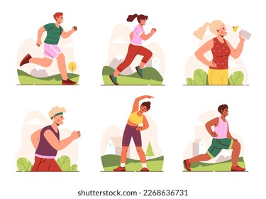 Set of runners. Men and women athletes engaged in jogging or run marathon in park or outdoor. Workout, sport and healthy lifestyle. Cartoon flat vector collection isolated on white background