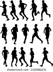 Set of runners silhouette. Side view. Every shape is on separate. Vector eps