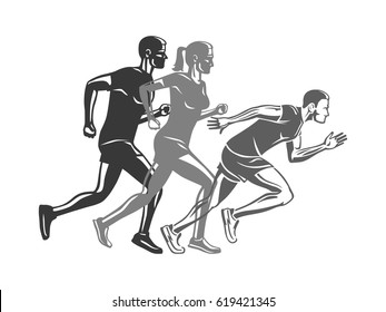 Set of runners silhouettes. Logo template for sport company club. Men and woman run race at competition, victory concept. Sport lifestyle colourless vector illustration. Movement in cartoon style