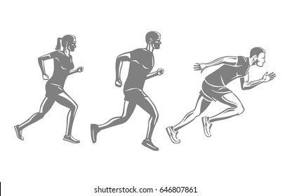 Set of runners silhouettes. Men and woman run a race. Sportsmen competition, achievement victory concept. Sport lifestyle colourless vector illustration. Motion movement in cartoon style flat design