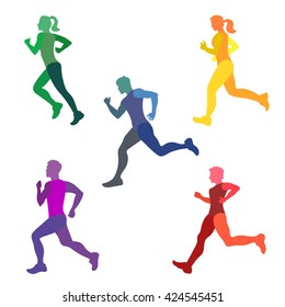 Set of runners. Silhouettes of running people. All parts of body separately. Colorful vector illustration. 
