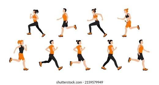 A set of running active people. Side view. A man and a woman in sportswear. Sports, jogging, fitness, training concept. Flat vector illustration on a white background.