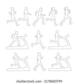 A set of running active people. Side view. Sport, jogging, fitness, training concept. Contour. Vector