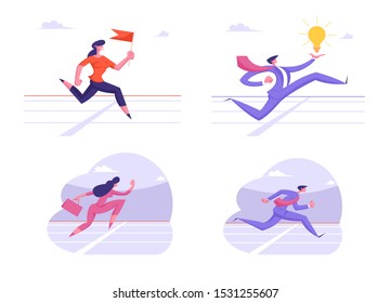 Set of Running Business Characters Crossing Finish Line on Stadium. Successful Leader Businessman and Businesswoman Leadership, Goal Achievement Corporate Competition. Cartoon Flat Vector Illustration