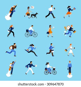 Set Of Running Business People Flat Icons Isolated Vector Illustration