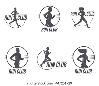 Set Of Running Club Logo Templates. Vector Black And White Logo Templates Isolated On White Background. Retro Style Run Club Badges For Your Design