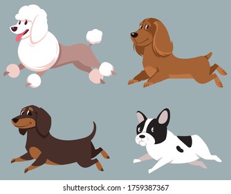 Juego de perros que corren. Poodle, Cocker Spaniel, Dachshund y French Bulldog en forma de caricatura.