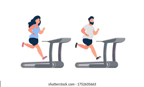 Set of running fat people on a treadmill. Fat man and woman run on the simulator. The concept of losing weight and a healthy lifestyle. Isolated. Vector