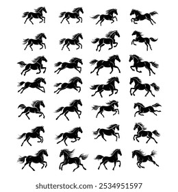 Conjunto de Silhuetas de Cavalo Correndo em Movimento — Ilustrações de Vetor Preto e Branco de Cavalos Galopantes