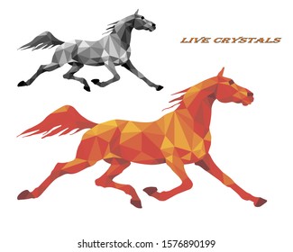 set running horses, Trotter, colored,  vector isolated image on white background in low poly style