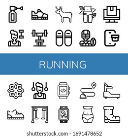 Set of running icons. Such as Ear spray, Fitness, Running shoes, Gym, Deer, Sneakers, Diet, American football, Tracking, Rune, Shoe, Gymnast, Gym equipment, Smartwatch , running icons