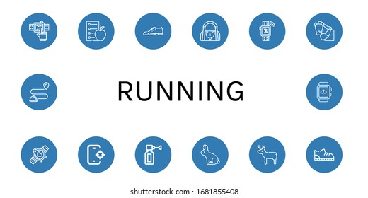 Set of running icons. Such as Smartwatch, Diet, Shoes, Gym bag, Horse, Tracking, Ear spray, Rabbit, Deer, Shoe , running icons