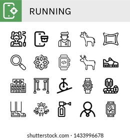 Set of running icons such as Tracking, Gymnast, Athlete, Horse, Rune, Active, Smartwatch, Deer, Running shoes, Gym, Gym equipment, Rope biking, American football, Sneaker , running