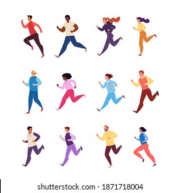 Set of Running Male and Female Characters Athletes in Tracksuits Isolated on White Background. Vector Flat Cartoon.