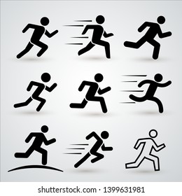 Set of Running man, athletics, marathon, summer sport. Delivery, fast courier, fitness, health, run icon. Vector illustration. Isolated on white background.
