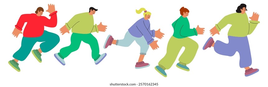 Set of running men and women. Active lifestyle promotion, workout, training. Sport, jogging, cross-country running, marathon. Isolated design elements. Cartoon flat style. Modern vector illustration