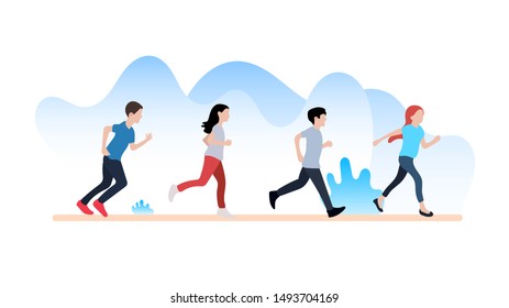 Set of running men and women. Set of funny smiling people in hurry or haste. Happy flat cartoon characters isolated on white background. Vector illustration.