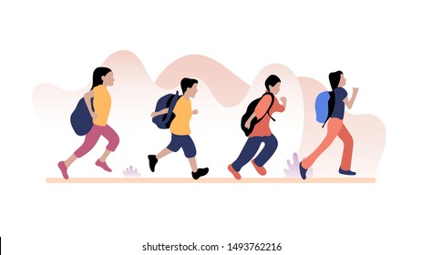 Set of running men and women. Set of funny smiling kids in hurry or haste. Happy flat cartoon characters isolated on white background. Vector illustration.