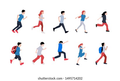 Set of running men and women. Set of funny smiling people in hurry or haste. Happy flat cartoon characters isolated on white background. Vector illustration.