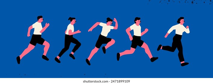 Set of Running people. Cartoon flat style. Cute isolated characters. Sport, jogging, rush, race, ambition, success aspiration, hurrying to goal, marathon concept. Hand drawn Vector illustration