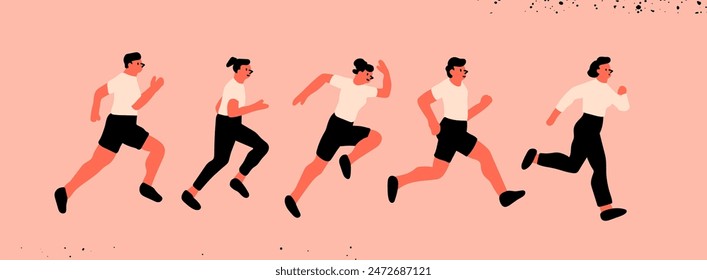 Conjunto de personas corriendo. Dibujos animados estilo plano. Lindos personajes aislados. Deporte, correr, correr, carrera, ambición, aspiración de éxito, apurarse a la meta, concepto de maratón. Ilustración vectorial dibujada a mano