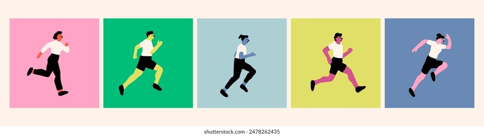 Conjunto de personas corriendo. Dibujos animados estilo plano. Lindos personajes aislados. Deporte, correr, correr, carrera, ambición, aspiración de éxito, apurarse a la meta, concepto de maratón. Ilustración vectorial dibujada a mano